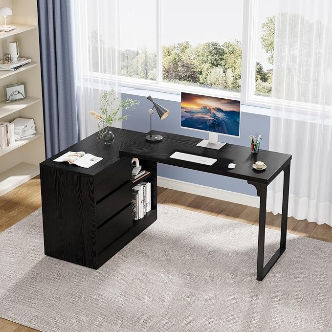 Tribesigns L-Shaped Computer Desk with Drawers and Shelves, Reversible Corner Office Desk with Storage Cabinet, Modern Study Writing Table for Home Office, Bedroom (Black)