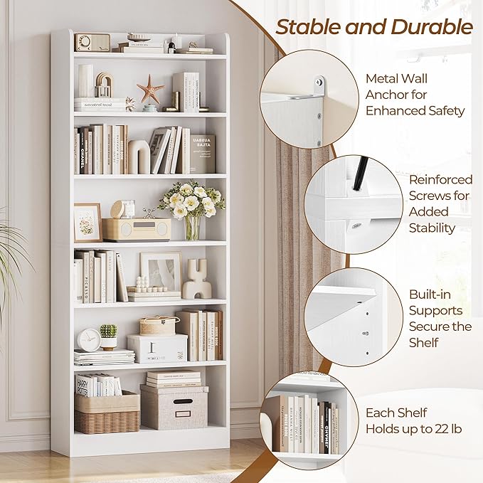 Yaheetech 7-Tier Open Bookcase and Bookshelf, Modern Simple Floor Standing Display Storage Shelves with Top Open Compartment for Home Office, Study, Living Room - White