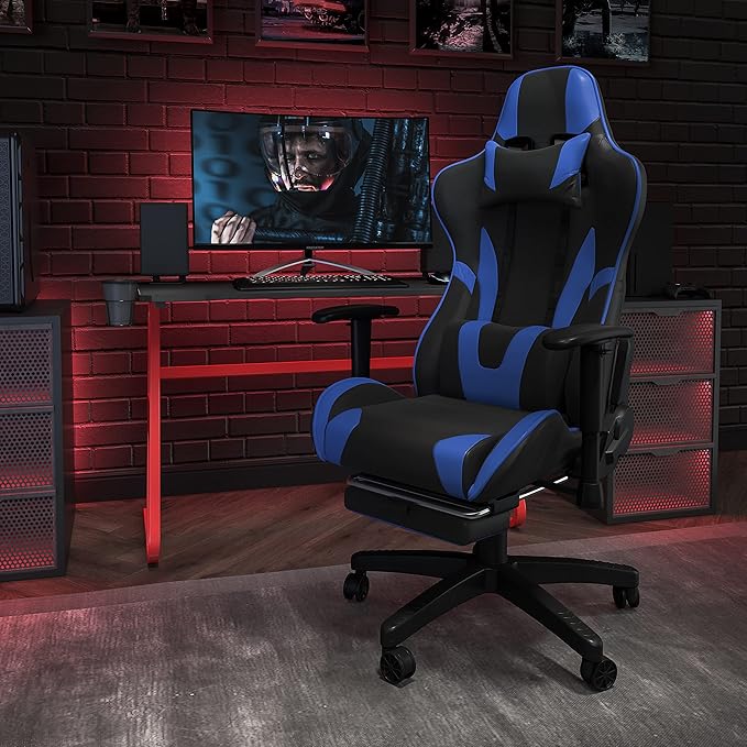 Flash Furniture X30 Gaming Chair Racing Office Ergonomic Computer Chair with Fully Reclining Back and Slide-Out Footrest in Blue LeatherSoft