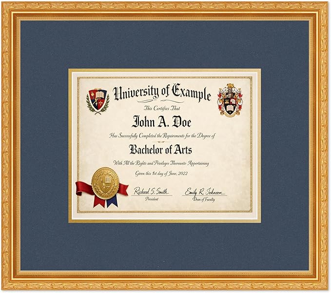 CountryArtHouse Diploma Frame Fits 10 x 8 Professional License - Keepsake Graduation Display Museum Gold Genuine Hardwood with Navy Blue Over Metallic Gold Double mat