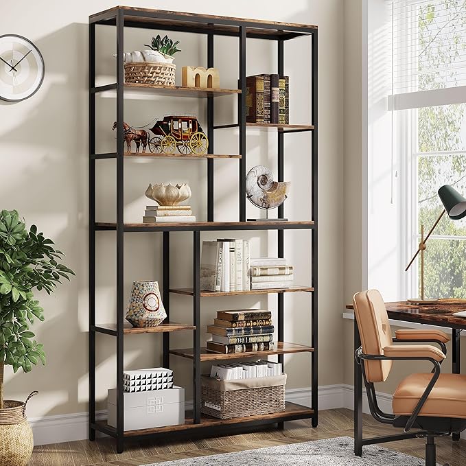 Tribesigns 79-Inch Tall Staggered Bookshelf, Industrial Bookcase with 8 Open Shelves, Wood and Metal Etagere Display Shelf for Living Room, Home and Office