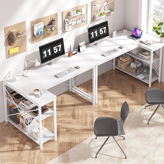 EnHomee 48 Inch L Shaped Computer Desk with Storage Shelves & Side Bag, Office Desk with Power Outlets, Small Corner Desk for Gaming Working Small Space Home Office Bedroom, Study Writing Table, White