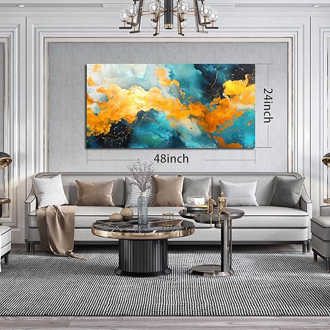 LAOTOART Colorful Abstract Canvas Art - Teal and Yellow Wall Art Living Room - Girls Bedroom Wall Decor Size 24" x 48"