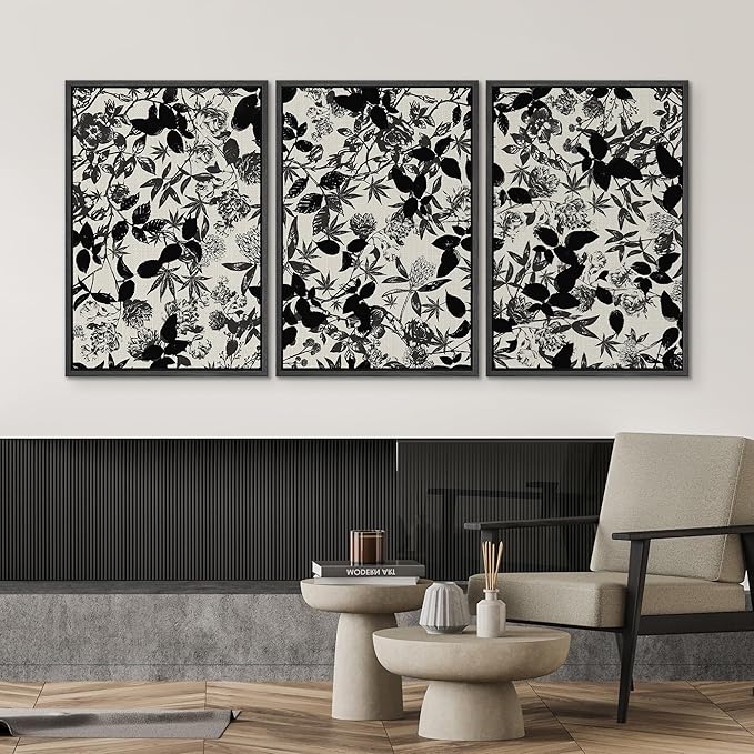 SIGNWIN Framed Canvas Print Wall Art Set Black and White Botanical Collage Monochrome Floral and Leaf Illustrations Modern Art Decorative Abstract for Living Room, Bedroom, Office - 24"x36"x3 Black