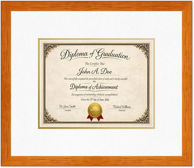 Diploma Frame Honey Oak with Oyster Shell Over Gold Double Mat - Fits 11 x 8.5 US Letter Certificate Wall Display Made in the USA