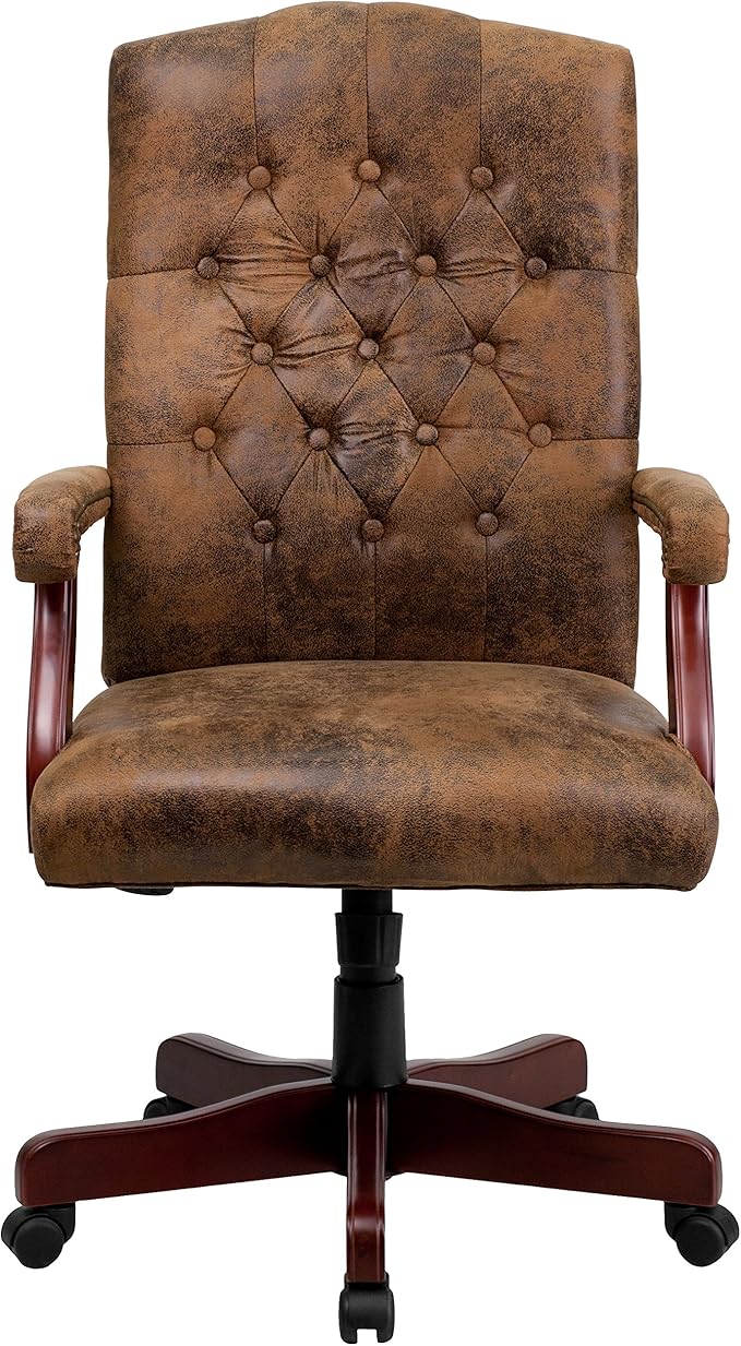 Flash Furniture Derrick Traditional Microfiber Tufted Swivel Office Chair with Wood Base, Ergonomic Farmhouse High-Back Desk Chair, Bomber Brown