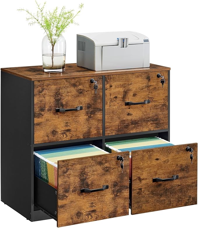 VASAGLE 4 Drawer File Cabinet with Lock, Printer Stand, Office Filing Cabinet Organizer, for A4 and Letter Size Documents, Rustic Brown and Black UOFC062B01
