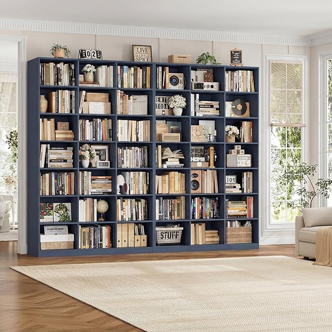 HOSTACK 86" H Triple Wide Bookshelf and Bookcase, 7 Tier Tall Bookshelf with Storage, Large Bookcase with 21 Open Display Storage Shelves, Wood Book Shelf Media CD DVD Storage for Living Room, Blue
