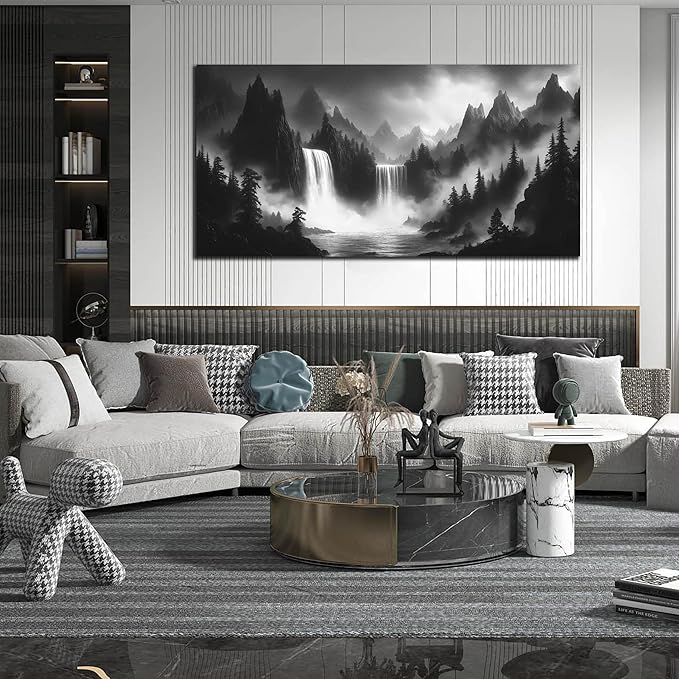 Waterfall Living Room Pictures Wall Decor - Black and White Mountain Wall Art for Bedroom - Large Canvas Wall Art for Office Size 29" x 59"
