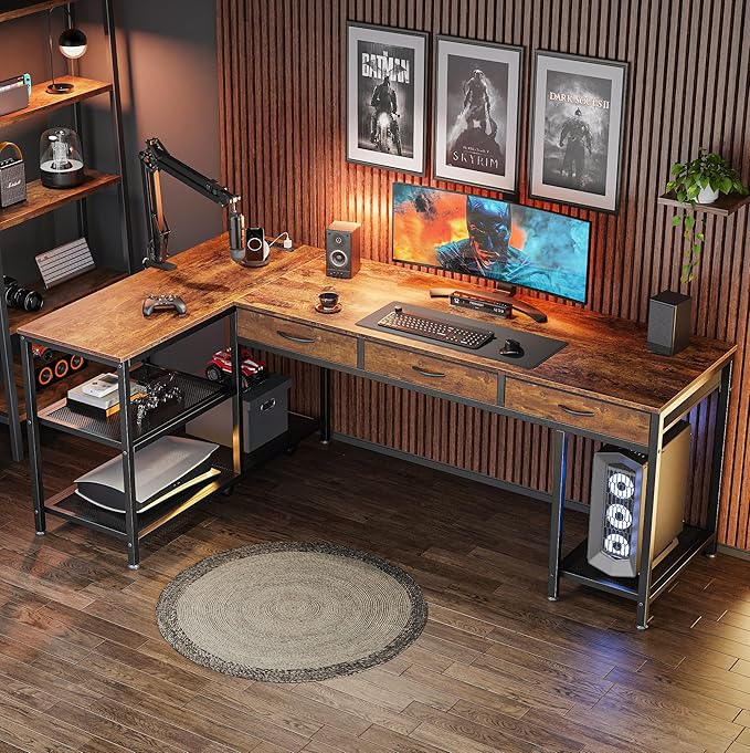 PRAISUN 63 Inch L Shaped Office Desk with Power Outlets and Type-C Port, Large Computer Gaming Desk with 3 Fabric Drawers, Mesh Shelves, Corner Study Work Writing Desk, Rustic Brown