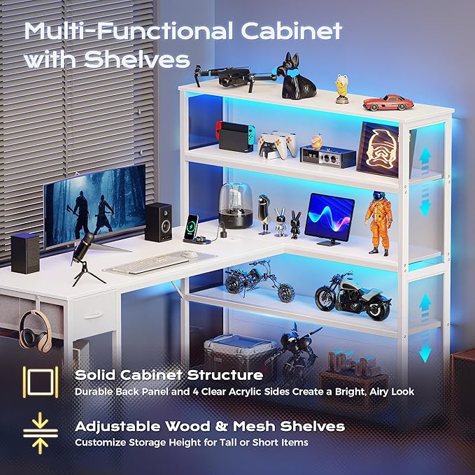 PRAISUN 57 Inch L Shaped Gaming Computer Desk with Larger Open Cabinet, Reverisble Office Desk with Power Outlets, LED Lights, Work Desk, Fabric Drawer, Adjustable Wood and Mesh Shelf, White