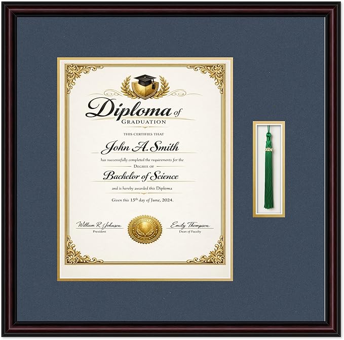 Diploma and Tassel Frame Fits 11 x 14 College Diploma (Portrait) with Ta Executive Brown Genuine Hardwood Shadowbox with Navy Blue Over Metallic Gold Double mat