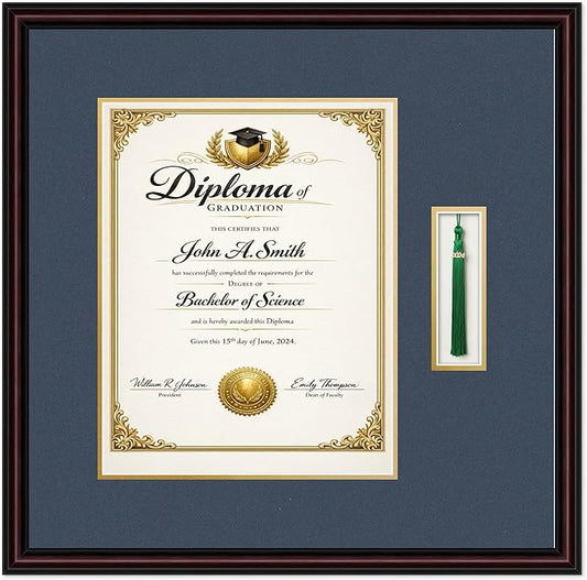 Diploma and Tassel Frame Fits 11 x 14 College Diploma (Portrait) with Ta Executive Brown Genuine Hardwood Shadowbox with Navy Blue Over Metallic Gold Double mat