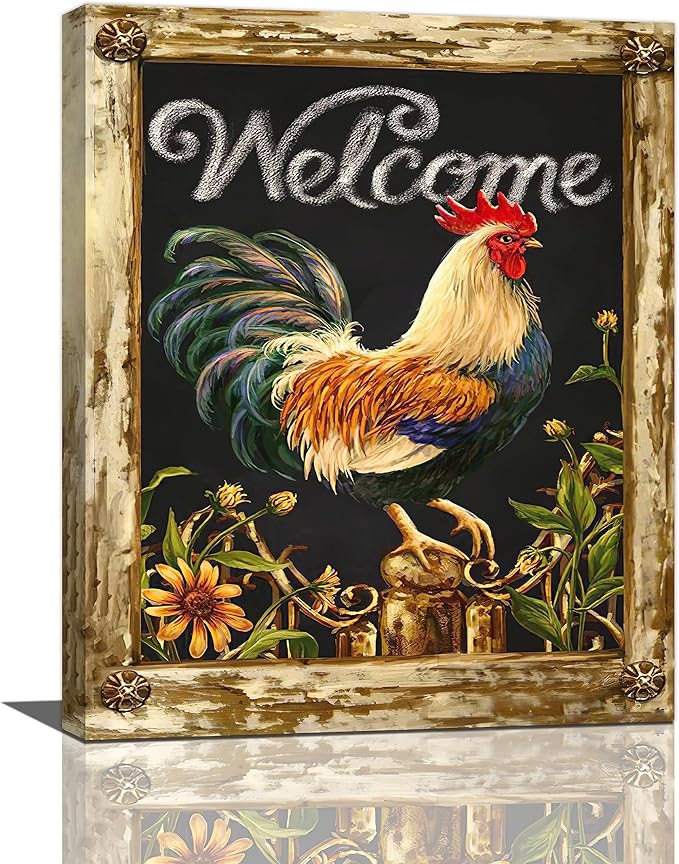 yerretin Farmhouse Rooster Wall Art Rustic Farm Chicken Pictures Wall Decor Country Canvas Painting Modern Artwork Home for Kitchen Bathroom Living Room Bedroom Office Framed 16"x20"