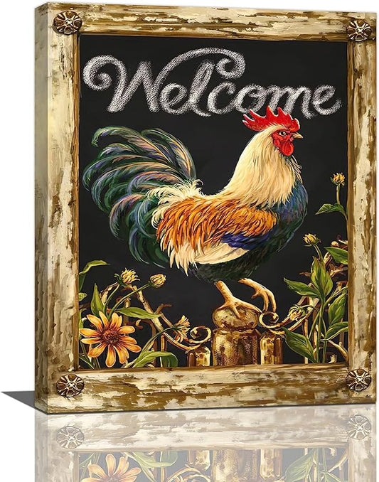 yerretin Farmhouse Rooster Wall Art Rustic Farm Chicken Pictures Wall Decor Country Canvas Painting Modern Artwork Home for Kitchen Bathroom Living Room Bedroom Office Framed 16"x20"