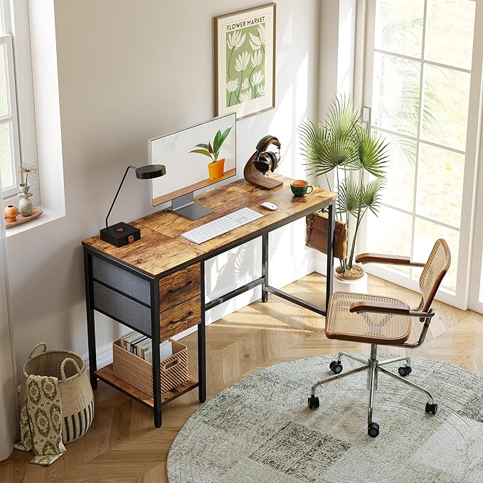 CubiCubi Computer Desk with 2 Drawers, 47 Inch Small Home Office Desk Study Writing Table, Rustic Brown