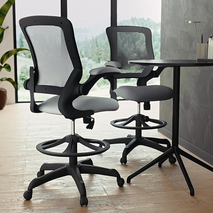 Flash Furniture Kale Mid-Back Swivel Office Chair with Height Adjustable Foot Ring and Lumbar Support, Mesh Executive Chair with Armrests, Dark Gray