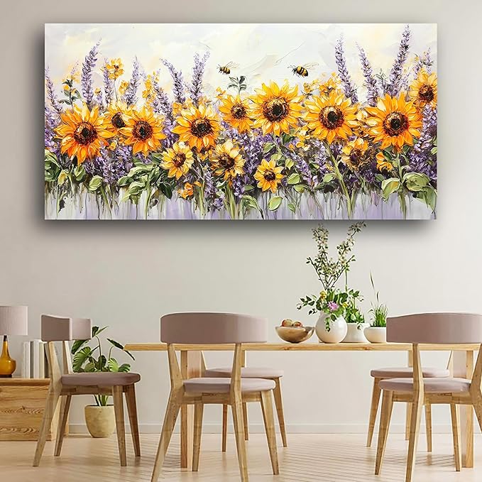 Abstract Sunflower and Lavender Picture Print Canvas Wall Art Living Room Dining Room Office Study Bedroom Wall Decor Wall Art Prints Modern Style Artwork Waterproof Ready to Hang - 20x40 Inch