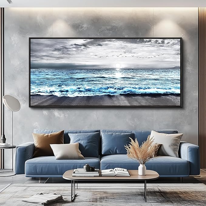 Wapluam Large Wall Art For Living Room Wall Decor For Office Black And White Painting Bedroom Wall Decorations Blue Sea Wave Pictures Artwork For Modern Black Framed Beach Canvas Prints Poster