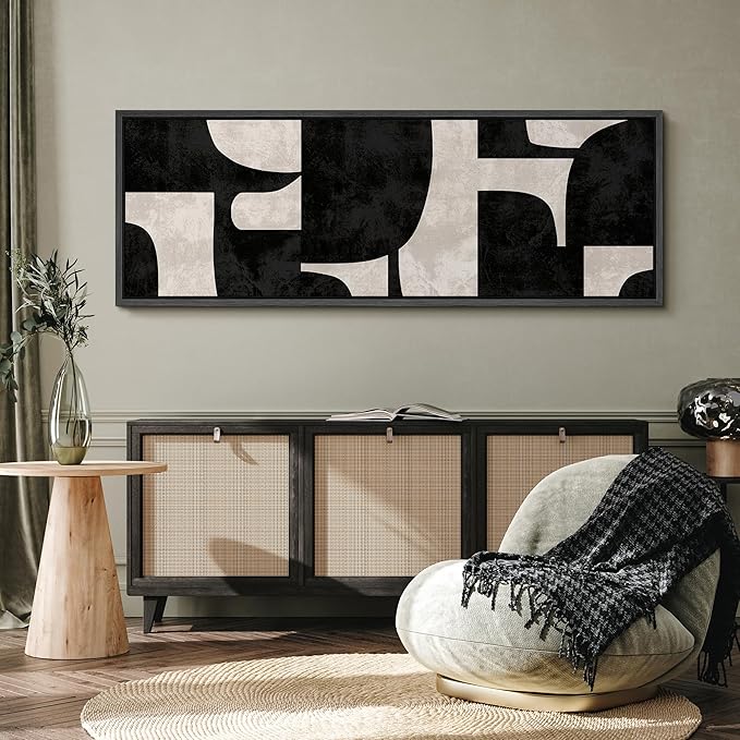 SIGNFORD Large Framed Canvas Black and Beige Geometric Abstract Mid-Century Illustrations Modern Art Calm Warm for Living Room, Bedroom, Office - 60"x20"