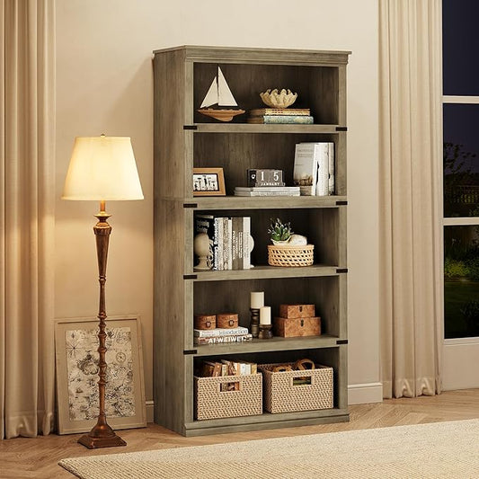 GAOMON 5 Tier Bookcase, Farmhouse Book Shelf with Storage Open Display Bookshelves, 67.4" Tall Book Case Wooden 5 Shelf Bookcase Home Decor Furniture for Home Office, Living Room, Bed Room - Grey