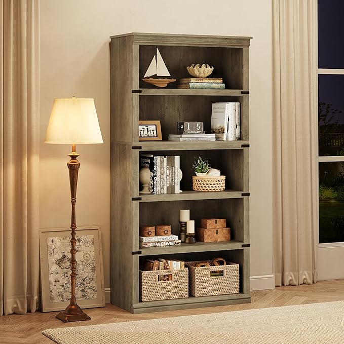 Farmhouse Book Shelf, 5 Tier Book Shelf for Display, 67.4" Wooden Bookcase for Storage, 5 Shelf Display Shelvesfor Home Office, Living Room, Bed Room-Grey