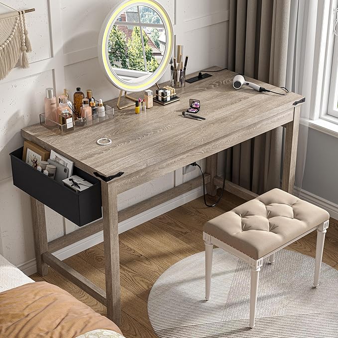 EnHomee 32" Small Desk Thickened & Reinforced with Power Outlet, Sturdy Computer Desk with Storage Bag Detachable,Affordable Luxury Home Office Desk and Writing Desk for Small Spaces,Ash Gray