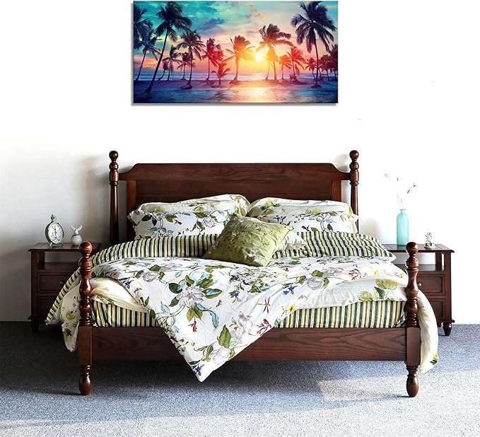 DZL Art S75550 Canvas Wall Art Palm Trees Silhouettes On Tropical Beach At Sunset Beach Seascape Painting Nature Pictures for Living Room Home Office Wall Decor Artwork