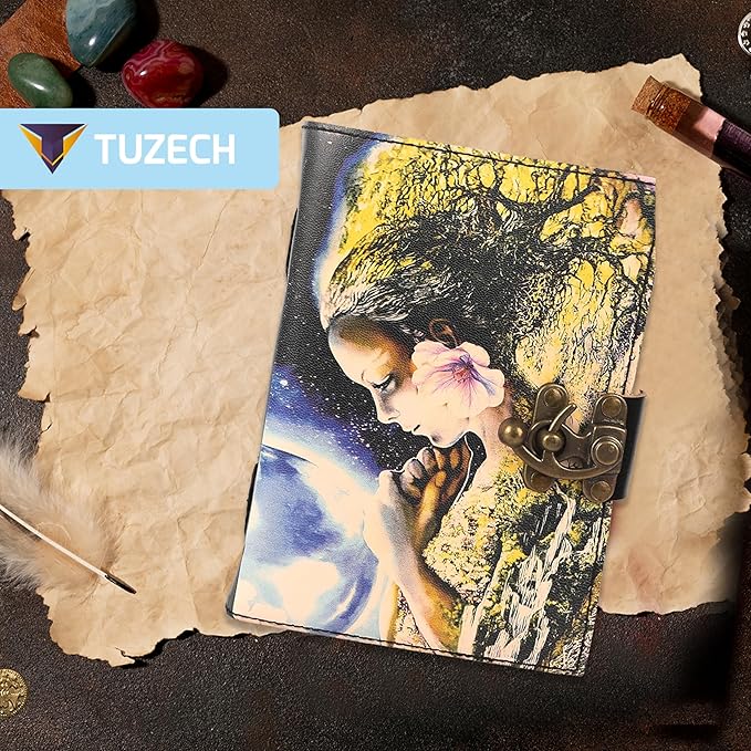 TUZECH Book of Spells Leather Bound Journal Deckle Edge Paper Grimoire Printed Diary Third Eye witchcraft supply and Witch Spell Notebook Antique Vintage Book for Men and Women (Guardian Of Nature)