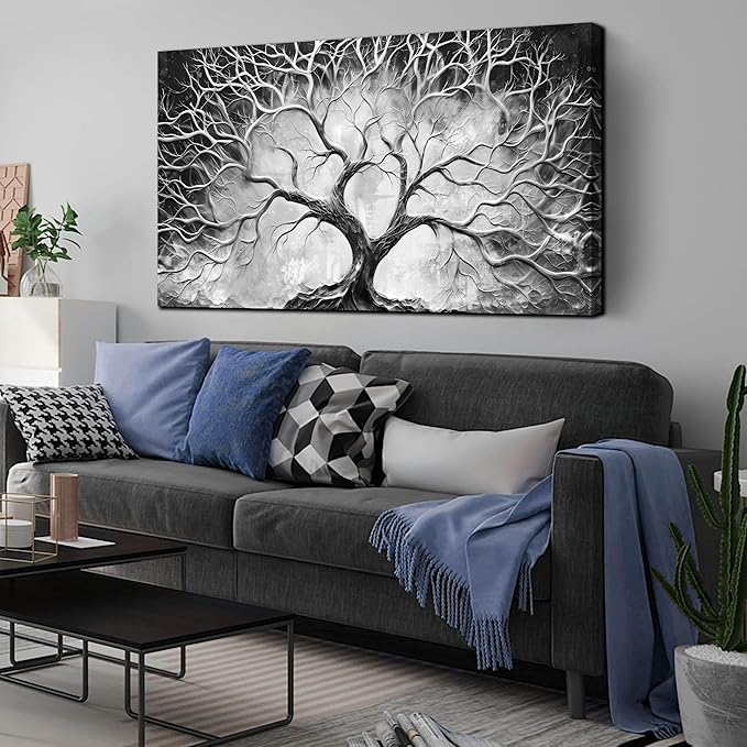 Tree Wall Art for Living Room - Black and White Canvas Wall Art for Office - Home Office Decor Wall Size 29" x 59"