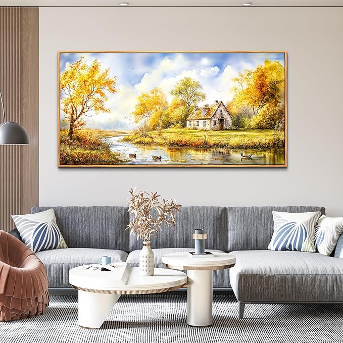 ERQINHUA Large Wall Art For Living Room Canvas Wall Decor For Bedroom Office Dining Room Yellow Pastoral Creek Landscape Painting Prints Pictures Farmhouse Home Wall Decoration 30"x60" Wood Frame