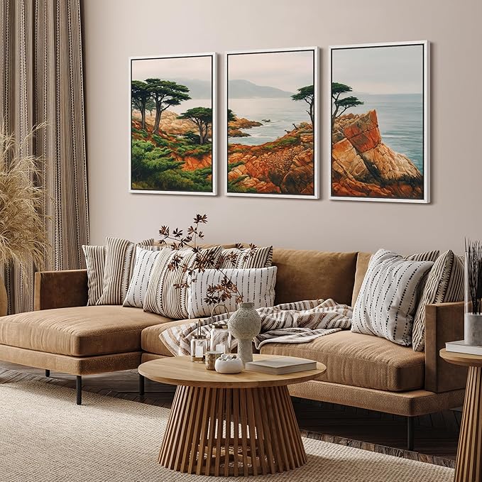 SIGNFORD Framed Wall Art Print Set Coastal Cypress and Rocky Shoreline Scenic Landscape Digital Art Modern Art Contemporary for Living Room, Bedroom, Office - 16"x24"x3 White