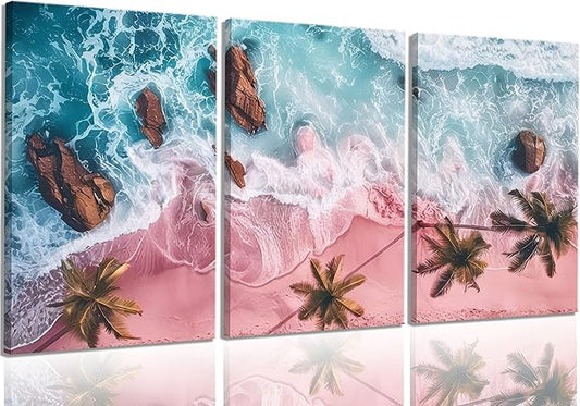 3Pcs Pink Beach Canvas Wall Art Tropical Coastal Palm Trees Wall Decor Pictures Preppy Ocean Wave Landscape Posters Prints for Living Room Bedroom Teen Girls Room Artwork Home Decoration Unframed