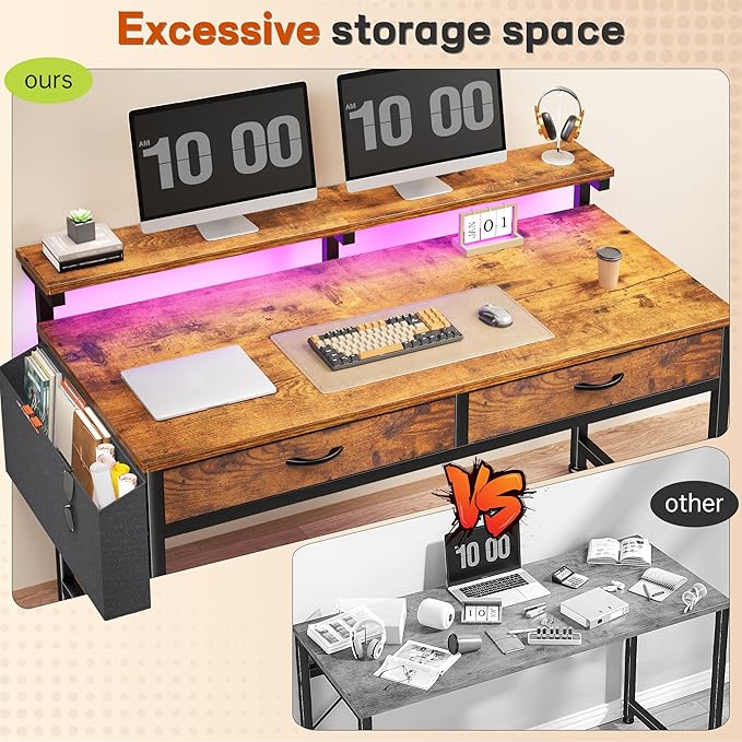 47.3Inch Office Computer Desk with LED Lights & 2 Fabric Drawers, Gaming Desk with Side Pocket & Ergonomic Monitor Stand, Small Space Study Writing Table with Anti-Tip Design, Rustic Brown