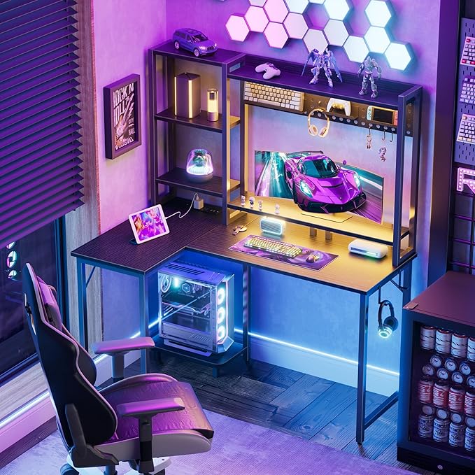 L Shaped Gaming Desk with Shelves - 48 inch Corner Computer Desks with Storage Hutch Shelf Reversible Pegboard Led Lights Power Outlets PC Monitor Stand for Bedroom, Black