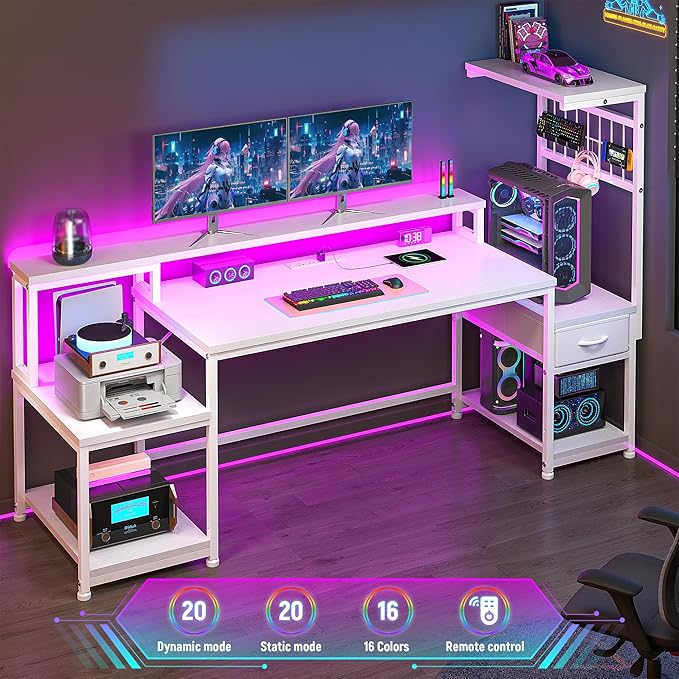 63" Gaming Desk with LED Lights & Outlets,Computer Desk with Drawers & Monitor Stand,Gaming Table with Storage Shelves & Printer Space for Game Room,Study Room,Home Office,Bedroom,White