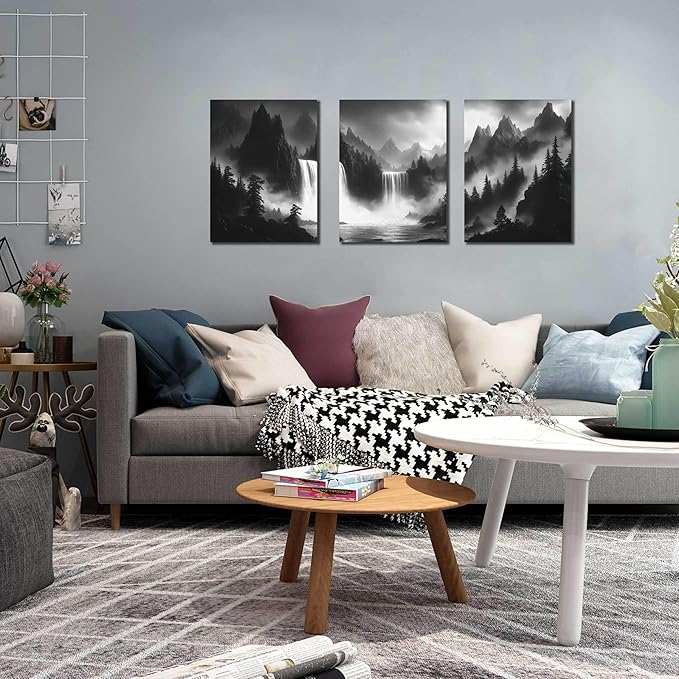 Foggy Forest Wall Art for Living Room - Mountains Canvas Wall Art for Office - Black and White 3 Piece Wall Decor Size 12" x 16"
