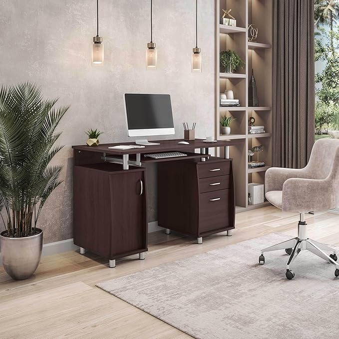 Techni Mobili 47.5'' Computer Desk with File Cabinet and Drawers, Storage Cabinet with Removable Shelf and Ventilation for CPU, Home Office Desk or Computer Workstation with Keyboard Tray (Chocolate)