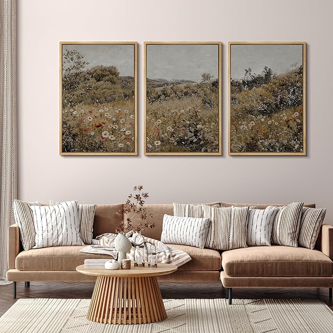 SIGNFORD Framed Wall Art Print Set Summer Wildflower Lush Floral Landscape Illustrations Modern Decorative Multicolor Relax/Calm Chic for Living Room, Bedroom, Office - 16"x24"x3 Natural