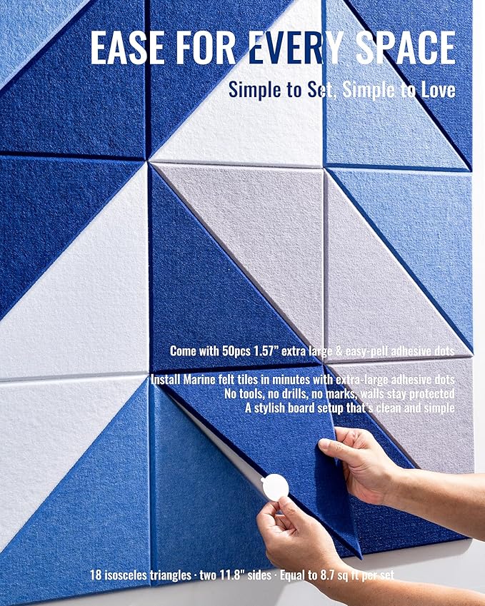 Felt Wall Tiles Bulletin Board, Marine Blue White Panels, Modular Decorative Boards for Home Office, Kids Room, Nursery, DIY Geometric Art Display, 18 Pack 11.8" Triangle Tiles (Marine)
