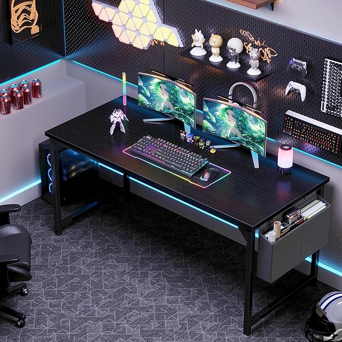 OLIXIS Computer Desk 63 Inch Home Office Desks for Small Spaces, Gaming Writing Study Work Table with Storage Bag for Bedroom, Black