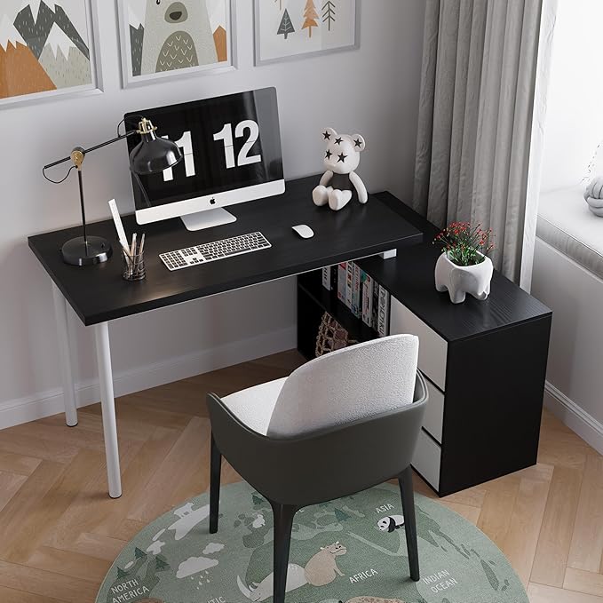 L Shape Computer Desk with 3 Drawers and 2 Shelves, Home Office Desk Corner Small Desk with Storage Cabinet for Writing Study Executive – Black and White
