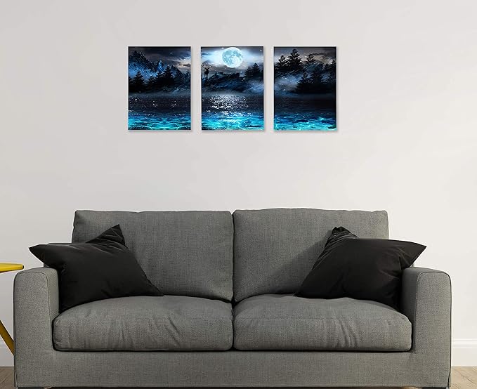 Wall Decorations For Living Room Moon Deer Ocean Landscape Picture Teen Room Decor Wall Art For Bedroom Modern Decor 3 Piece Framed Ready To Hang Moon Wall Art 3 Piece Wall Art Size 12x16 Each Panel