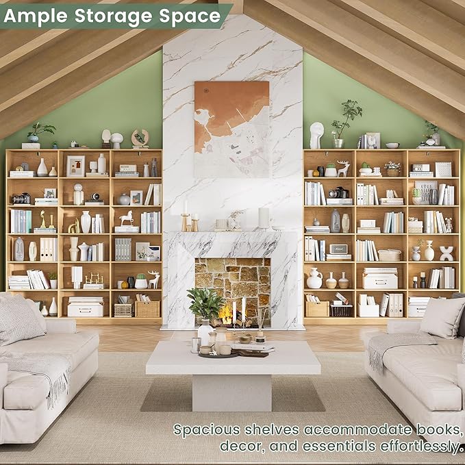 Natural Bookcase with Open Display Shelves, Large Triple Wide Bookshelf, 71.6” Tall 6 Tier Book Case for Living Room, Home Office, Library Bookshelf 2PCS