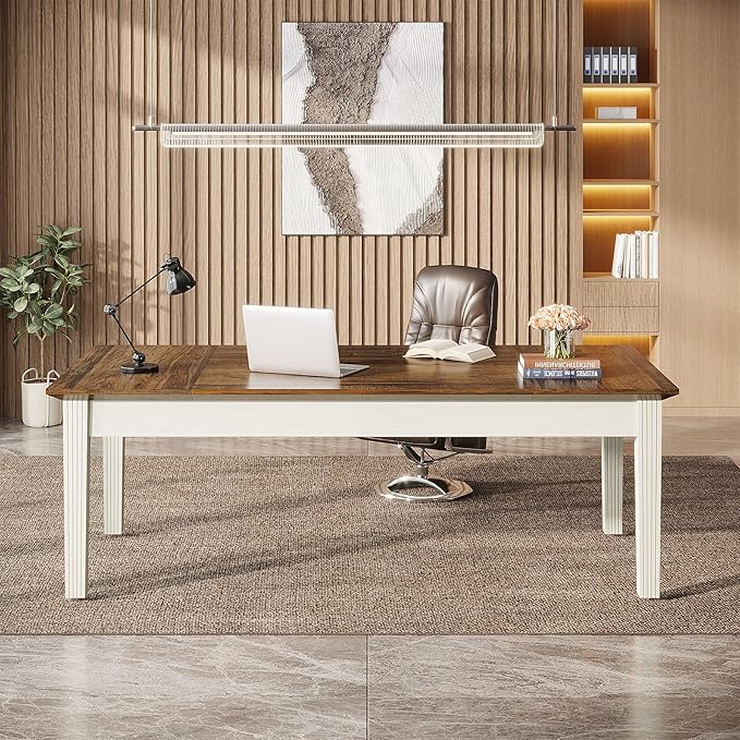 Tribesigns 62-Inch Computer Desk, Large Office Executive Desk with Solid Wood Legs, Modern Simple Laptop Desk Study Writing Table Workstation Furniture for Home Office, Rustic Brown & Cream White