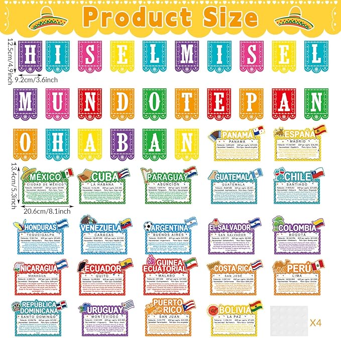 gisgfim Spanish-Speaking Country Bulletin Board Decorations Spanish Classroom Paper Cutouts Latin American Countries Bulletin Board Set for Students Teachers Educational School Decor Supplies