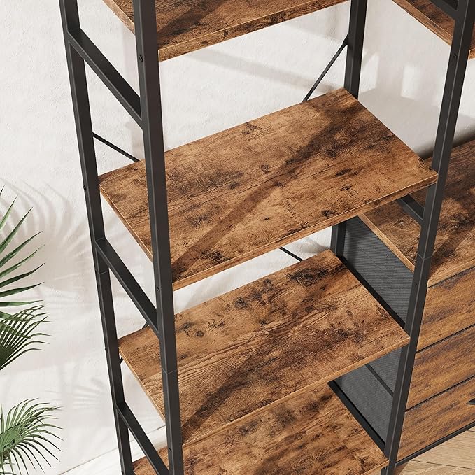 Triple Bookshelf with 3 Fabric Drawers, 4-Tier Book Shelf and 10 Display Shelves, Industrial Large Bookcase for Home & Office, Rustic Brown, 47'' Wide