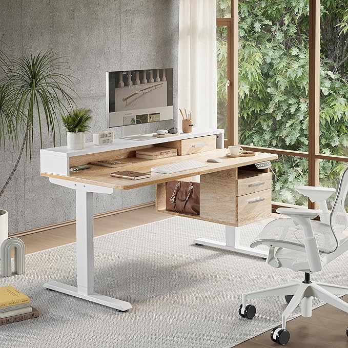 FEZIBO Standing Desk with Wood Drawers, 48" x 24" Electric Height Adjustable Table with Monitor Shelf, 3 Drawers and Open Storage, Computer Home Office Sit and Stand up Workstation, Maple