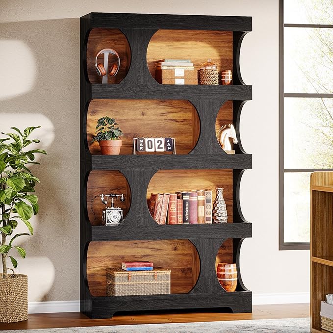 Tribesigns 71" Tall Black Bookcase, Modern Asymmetrical Bookshelf, 4-Tier Freestanding Display Shelf with Classic Shape, Large Library Book Shelf for Living Room, Home Office