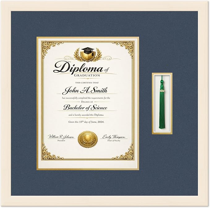 CountryArtHouse Diploma and Tassel Frame Fits 10 x 13 College Diploma (Portrait Tradit Coastal Whitewash Genuine Hardwood Shadowbox with Navy Blue Over Metallic Gold Double mat